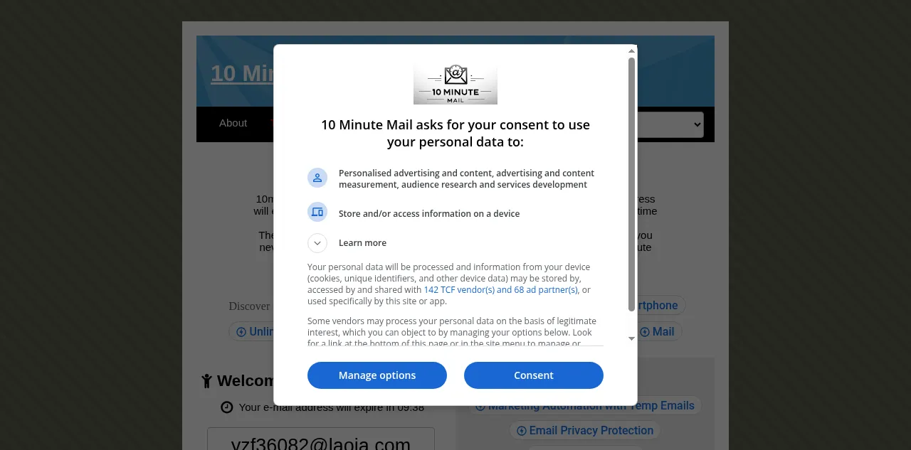 Preview of 10minutemail.net