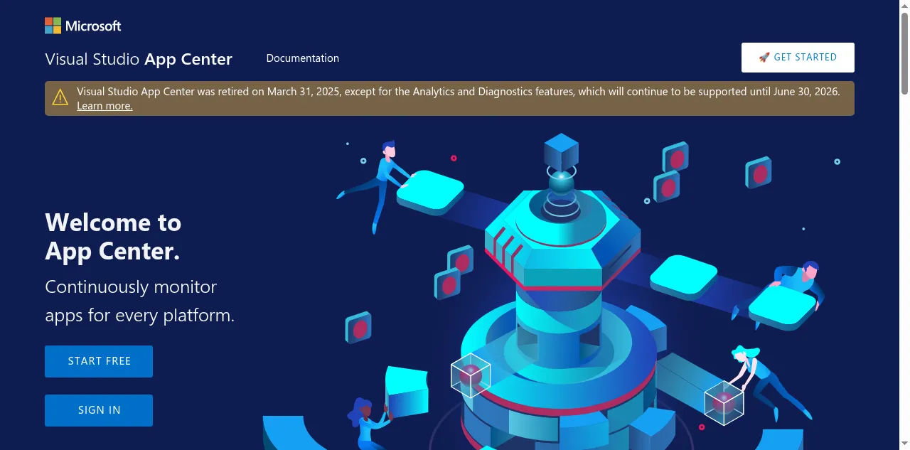 Preview of appcenter.ms