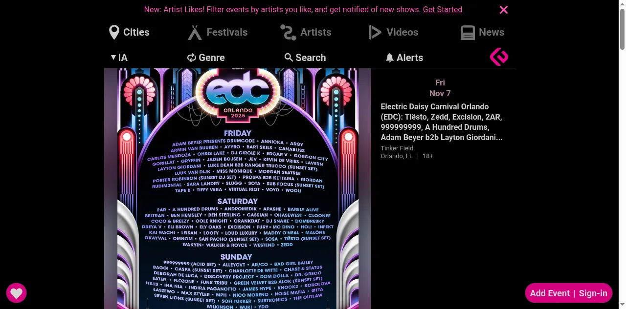 Preview of edmtrain.com
