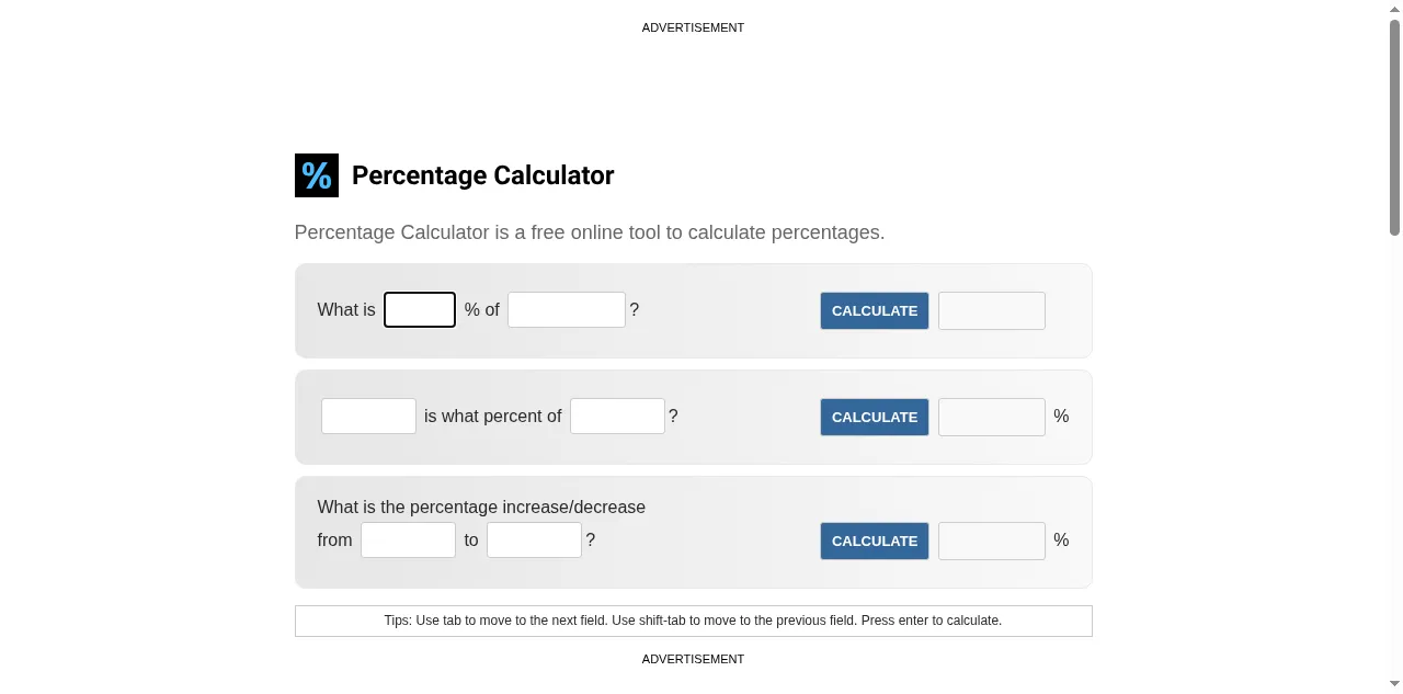 Preview of percentagecalculator.net