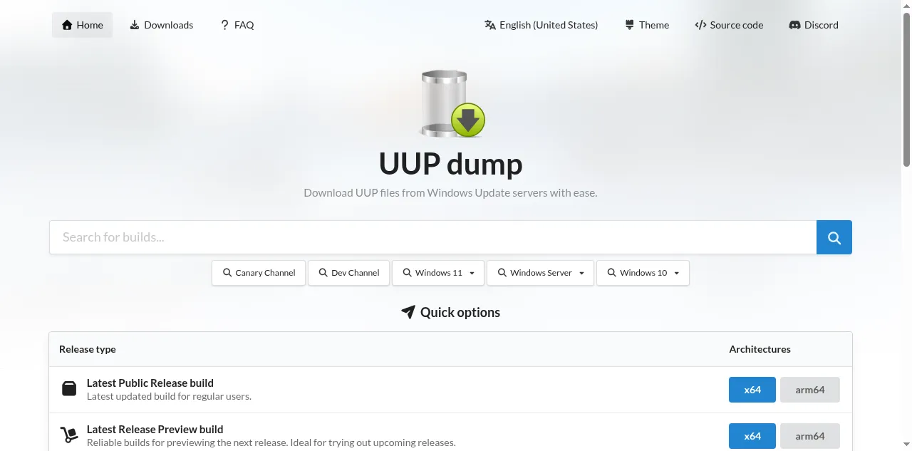 Preview of uupdump.net