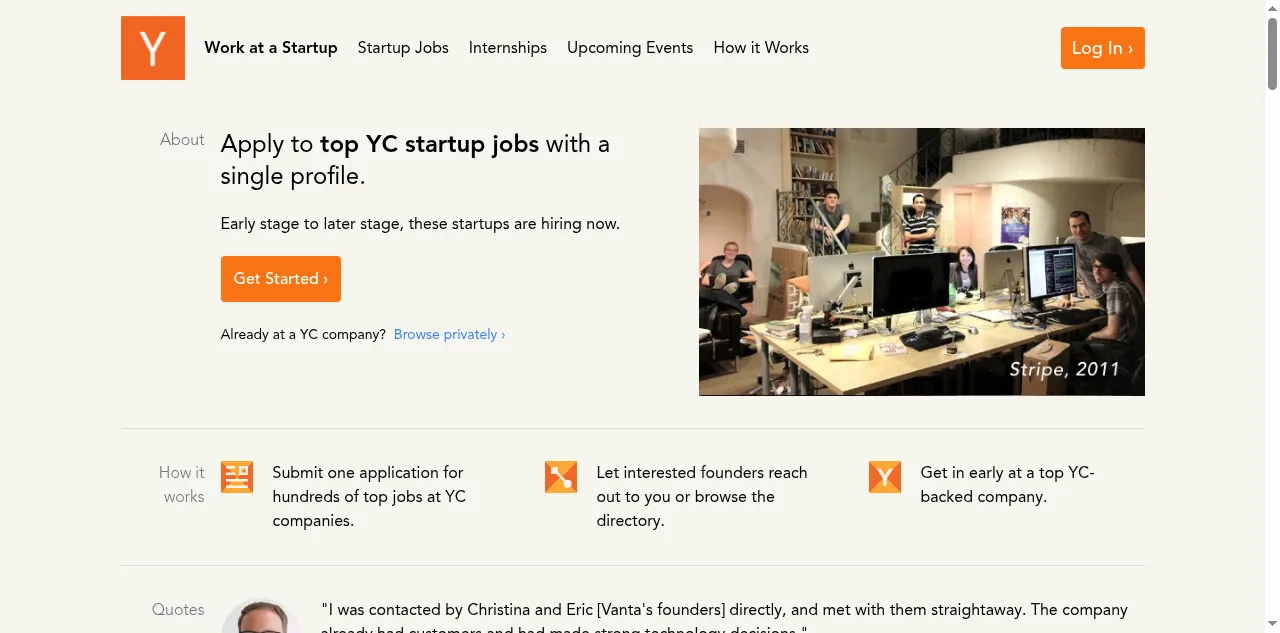 Preview of workatastartup.com